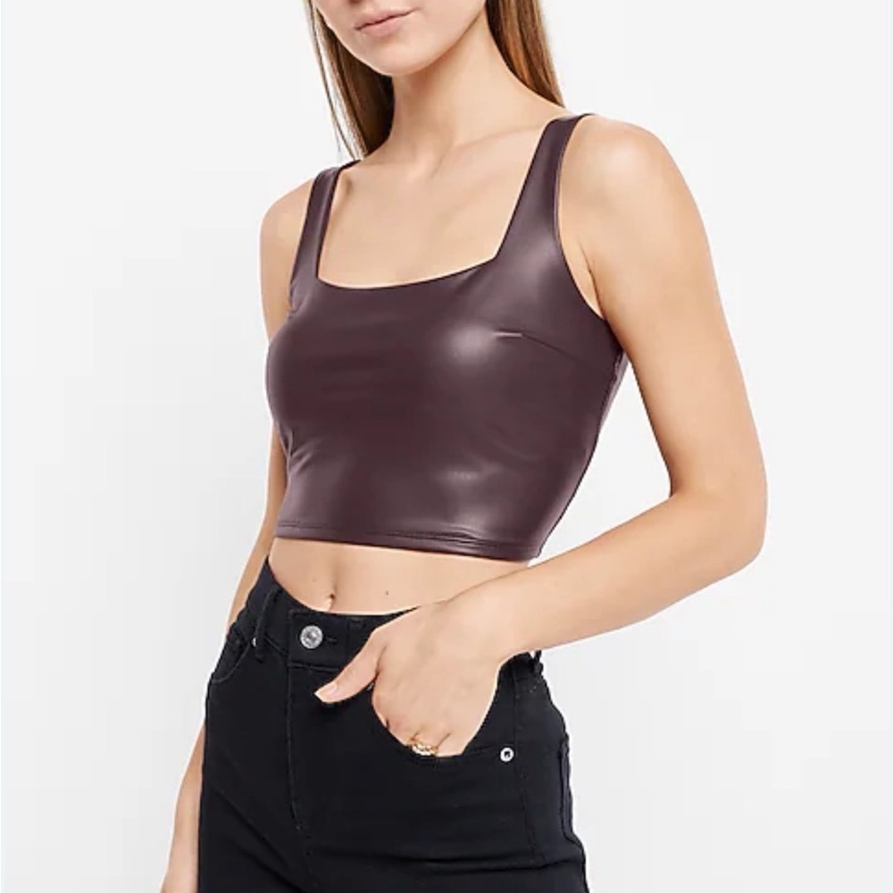 Express Body Contour Faux Leather Square Neck Cropped Tank Top, Plum, S
